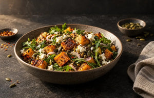 Horizontal 16:9 hero shot of a matte ceramic bowl filled with roasted squash, green lentils, crumbled feta, arugula, pumpkin seeds, and sliced shallot on a dark stone surface, lit by warm side light with generous empty space above the plate.