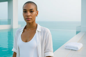 Confident woman with a shaved head at a rooftop infinity pool in soft early morning light, medium shot at eye level, turquoise water and crisp white deck, natural skin texture and a striking gaze with spacious negative background.
