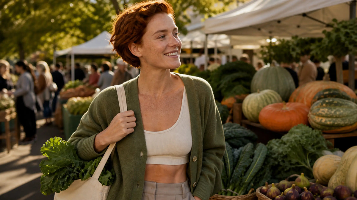 A confident, freckled red-haired woman in an olive cardigan stands slightly left of center at an upscale autumn farmers market during golden hour, her healthy, luminous skin highlighted amid rich green produce and earthy seasonal tones.