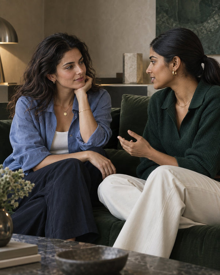 Deux femmes assises dans un salon, en conversation, en fin de journée.