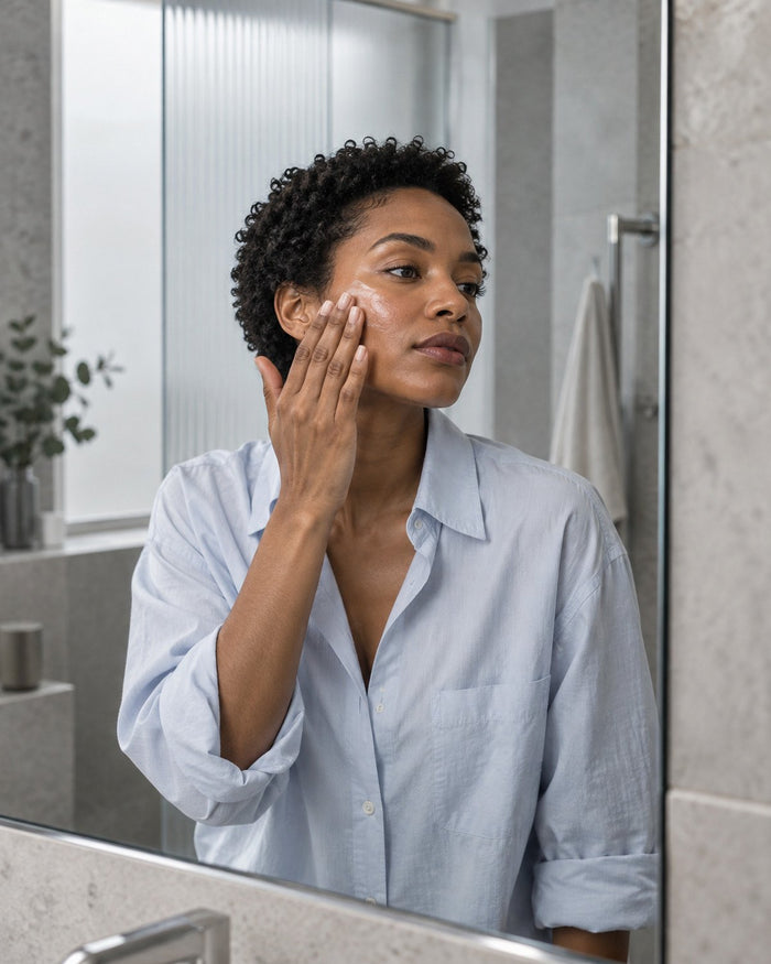 Une femme applique sa crème devant le miroir d'une salle de bain claire, le matin.