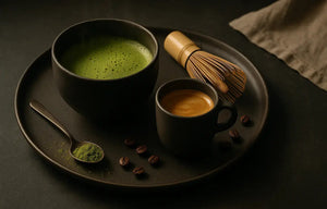 A wide 16:9 hero shot of a matte ceramic plate on dark stone holding a frothy bowl of matcha and a crema-topped espresso, with a bamboo whisk, coffee beans, and a spoon of matcha powder, lit by warm side light and ample negative space above.
