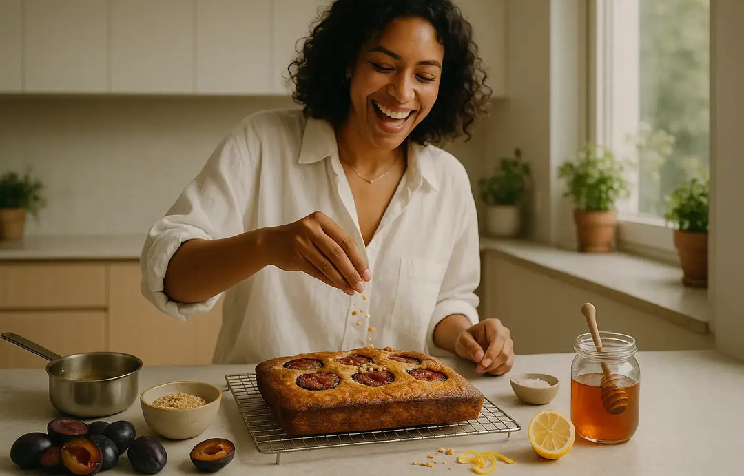 Une femme dans une cuisine lumineuse parsème des noisettes concassées sur un gâteau moelleux aux prunes tout juste sorti du four.