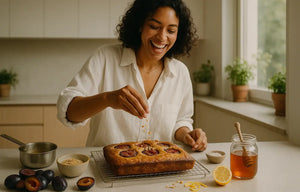 Une femme dans une cuisine lumineuse parsème des noisettes concassées sur un gâteau moelleux aux prunes tout juste sorti du four.