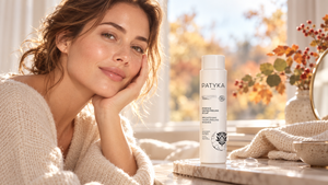 Femme au teint lumineux en pull crème, accoudée près d'une fenêtre, avec l'essence Micro-Peeling Éclat de Patyka