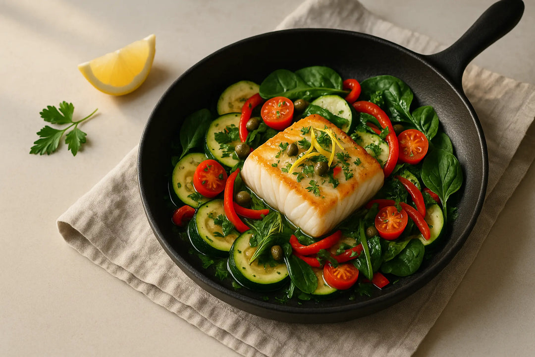 Poêlée express du soir: filet de cabillaud saisi avec courgette, poivron, tomates cerises et épinards, zeste de citron et herbes fraîches dans une poêle noire, lumière naturelle, espace négatif à gauche, format 16:9.