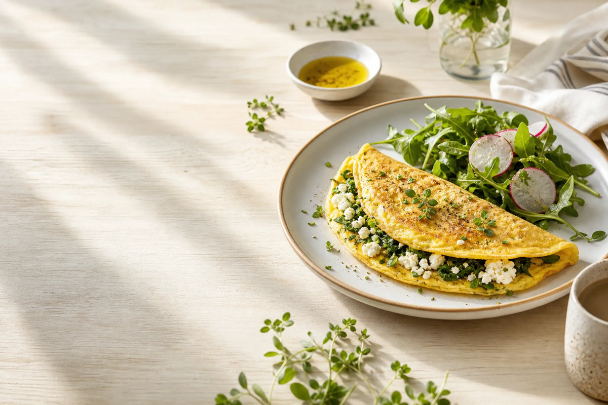A beautifully plated omelette with fresh herbs on a modern brunch table, surrounded by ingredients in natural light.