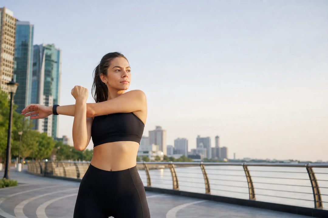 A young woman in activewear performing gentle arm movements in an urban environment, embodying the essence of active recovery.