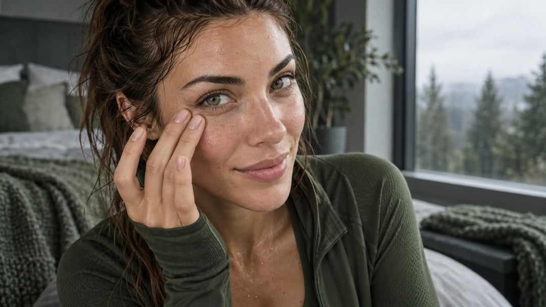 16:9 macro close-up of a toned woman in moss-green athleisure by a bedroom window after an autumn run, gently tapping her under-eye area with a warm, confident expression in soft grey overcast light, rich green and earthy tones, subject left of center.