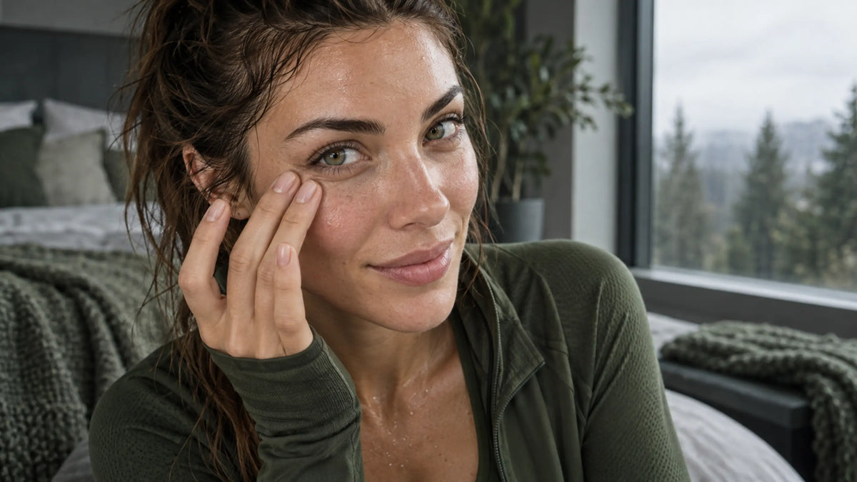 16:9 macro close-up of a toned woman in moss-green athleisure by a bedroom window after an autumn run, gently tapping her under-eye area with a warm, confident expression in soft grey overcast light, rich green and earthy tones, subject left of center.