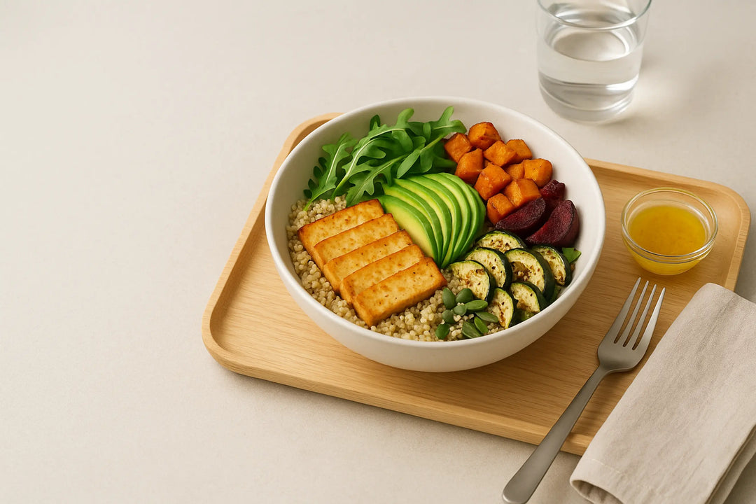 Salade protéinée premium au quinoa avec tofu grillé, avocat en éventail et légumes rôtis sur un plateau minimaliste, lumière naturelle, espace négatif à gauche, format horizontal 16:9.