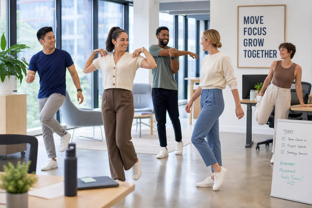 Young professionals in a modern office performing mobility exercises between meetings.
