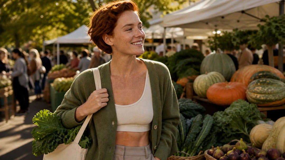A confident, freckled red-haired woman in an olive cardigan stands slightly left of center at an upscale autumn farmers market during golden hour, her healthy, luminous skin highlighted amid rich green produce and earthy seasonal tones.