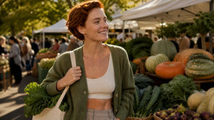 A confident, freckled red-haired woman in an olive cardigan stands slightly left of center at an upscale autumn farmers market during golden hour, her healthy, luminous skin highlighted amid rich green produce and earthy seasonal tones.