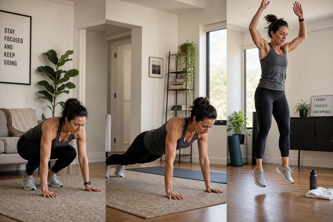 A woman doing moderate burpees in a bright living room, focused on her form and posture.