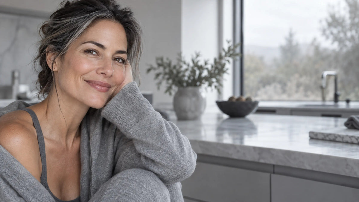 Monochrome macro close-up of a confident, toned woman around 40 with a few silver strands smiling at a bright modern kitchen counter, placed on the left third with soft overcast autumn light and open negative space on the right.
