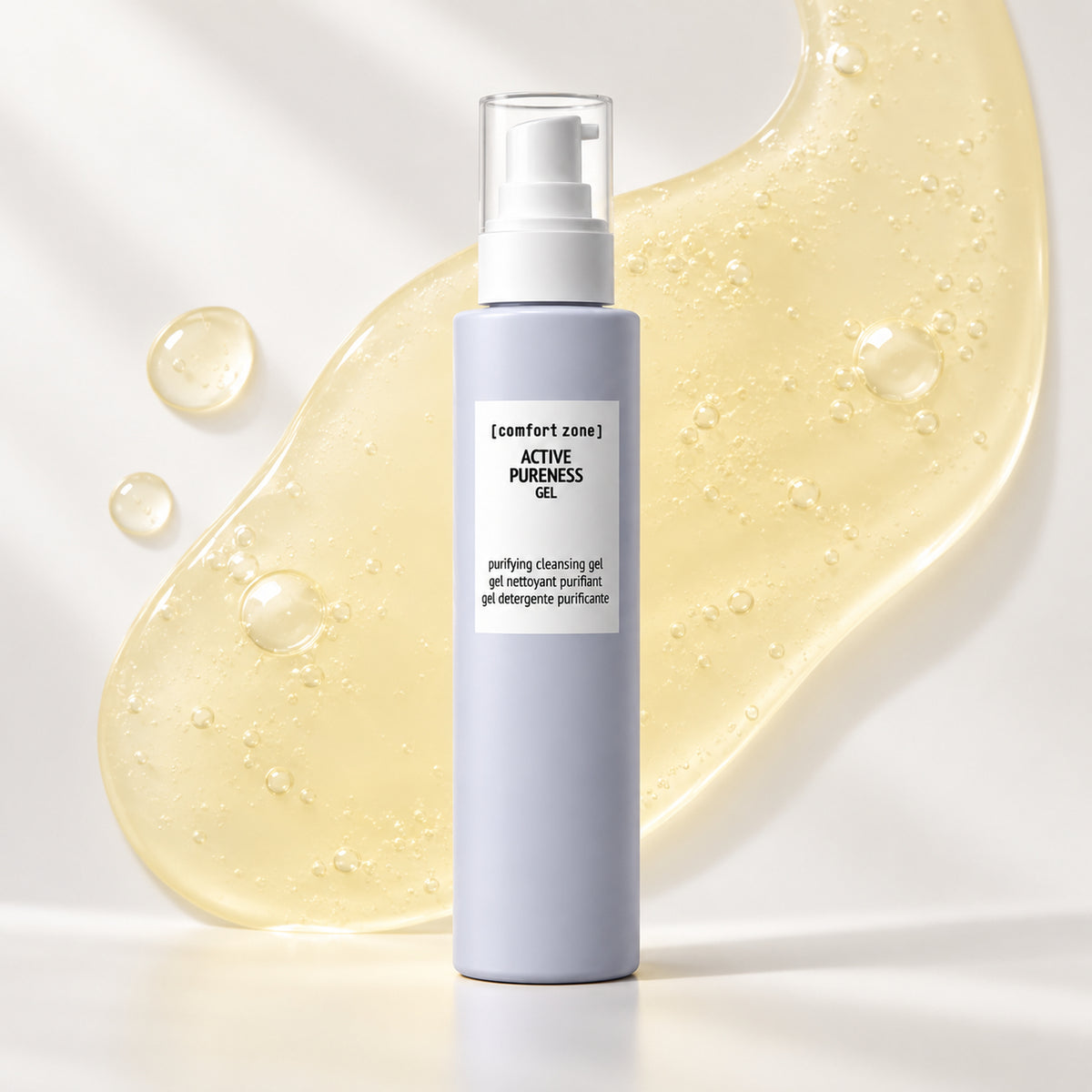 Comfort Zone Active Pureness Gel 200 ml – flacon et texture de gel jaune translucide