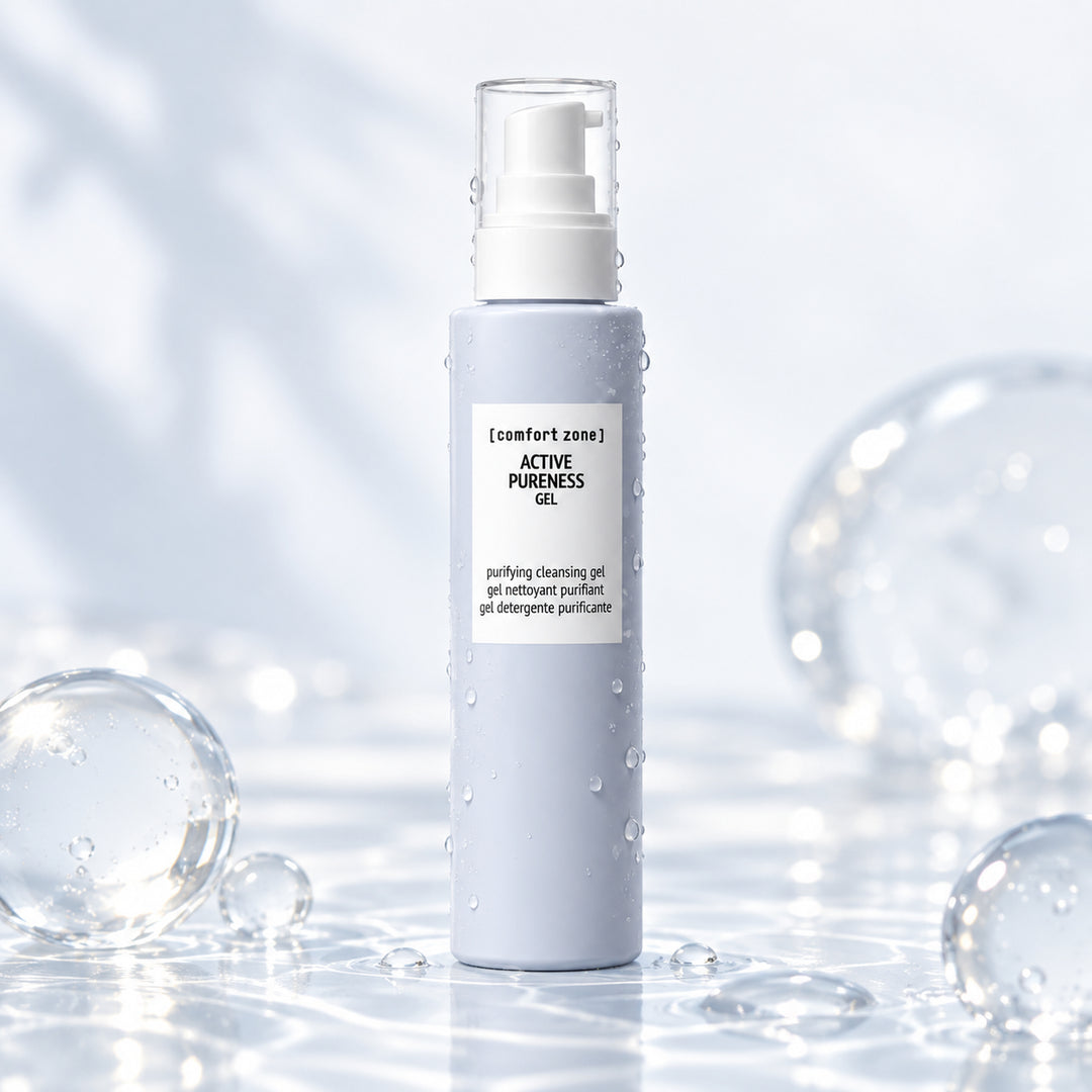Comfort Zone Active Pureness Gel 200 ml – flacon avec gouttelettes et reflets aquatiques