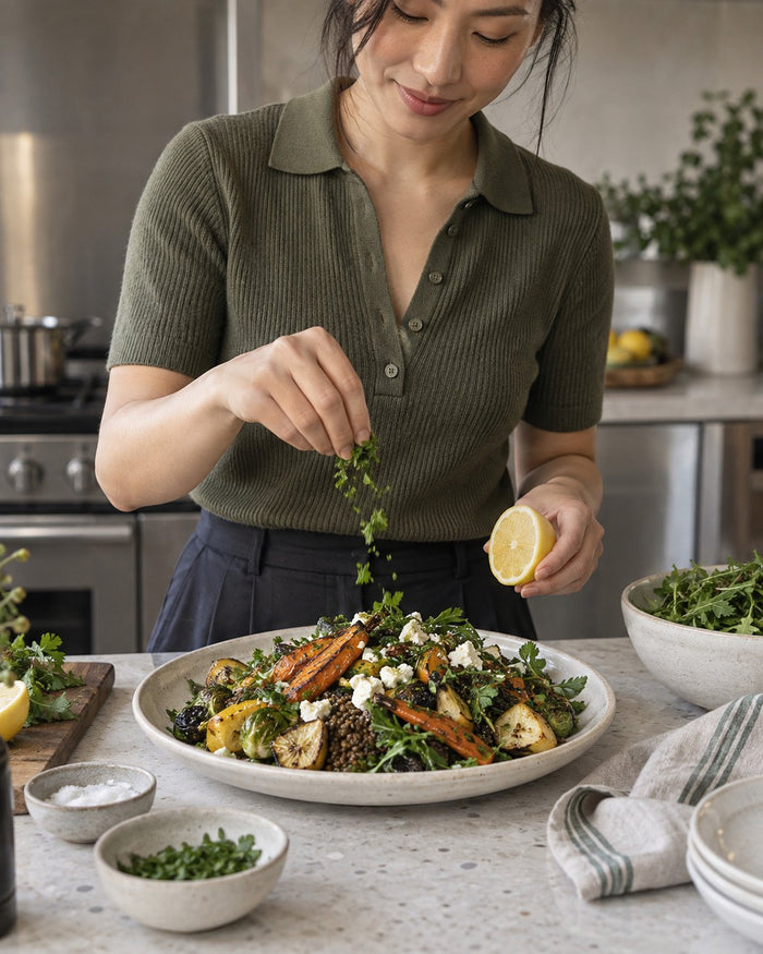 Une femme assaisonne un plat de légumes rôtis et de lentilles sur un plan de travail de cuisine.